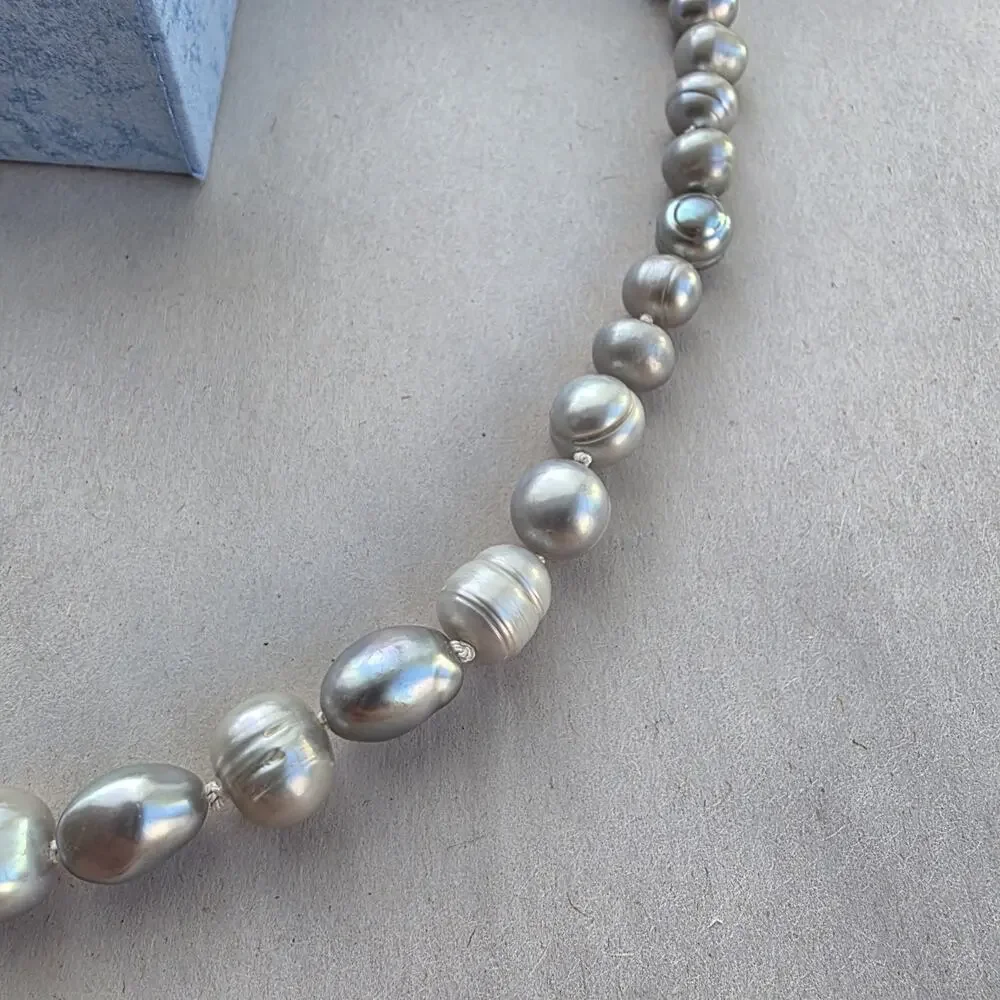 Light Gray Pearl Necklace Earrings Set Sterling‎ Silver 925 Stamped Clasp Beaded